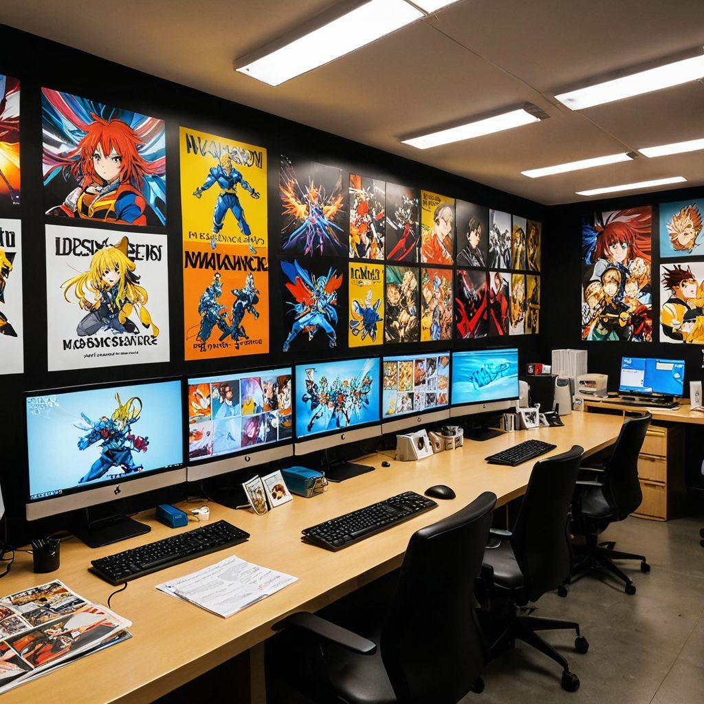 A dynamic scene showcasing a cable network office filled with vibrant anime posters, contrasting adult content themes. In the background, a TV screen displays popular anime series while producers discuss animatedly at a round table. Bright colors highlight the juxtaposition of traditional anime and adult content influence. Include elements like manga books and coffee mugs scattered around, conveying a creative workspace. super-realistic. vibrant colors. modern office environment.
